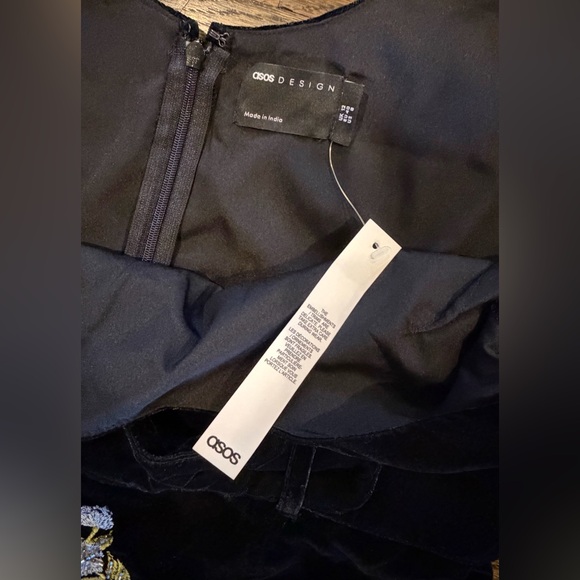 ASOS DESIGN Velvet Floral Embroidered Mini Dress Size 8 Beaded Belted Party - Picture 6 of 10